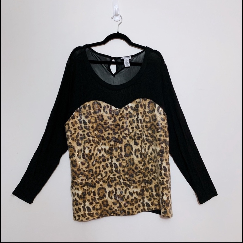 K.Jordan Sequin Leopard and Black Mesh Top - Picture 1 of 5